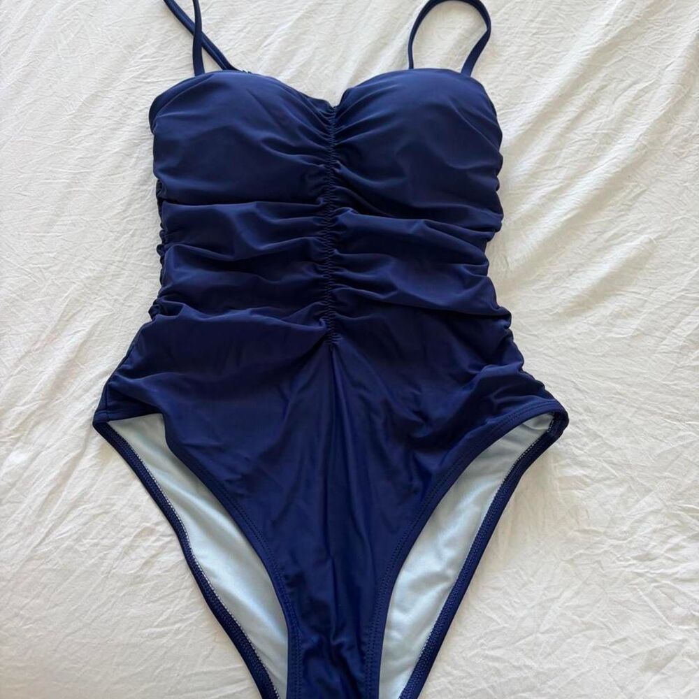BOUTIQUE Women's Navy Blue Ruched One Piece Swimsuit Straps Swimwear Small